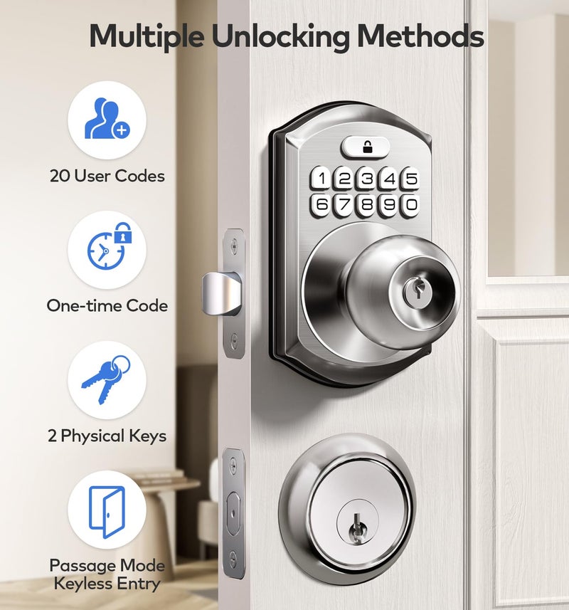TEEHO Keyless Entry Keypad Door Lock with Handle, Electronic Digital Smart Locks for Front Door, Easy to Install Keypad Deadbolt with Code for Bedroom, Anti-Peeping Password - Nickel - Image 2